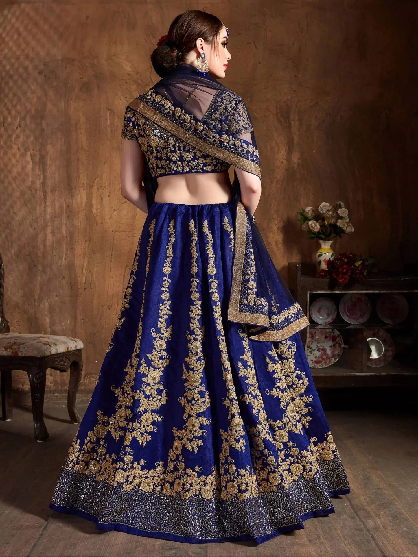 Tulsi Art Navy Blue Embroidery Raw Silk Wedding Lehenga Choli With Dupatta