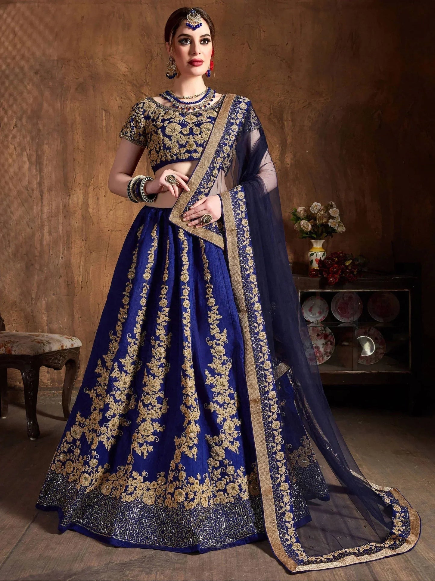 Tulsi Art Navy Blue Embroidery Raw Silk Wedding Lehenga Choli With Dupatta