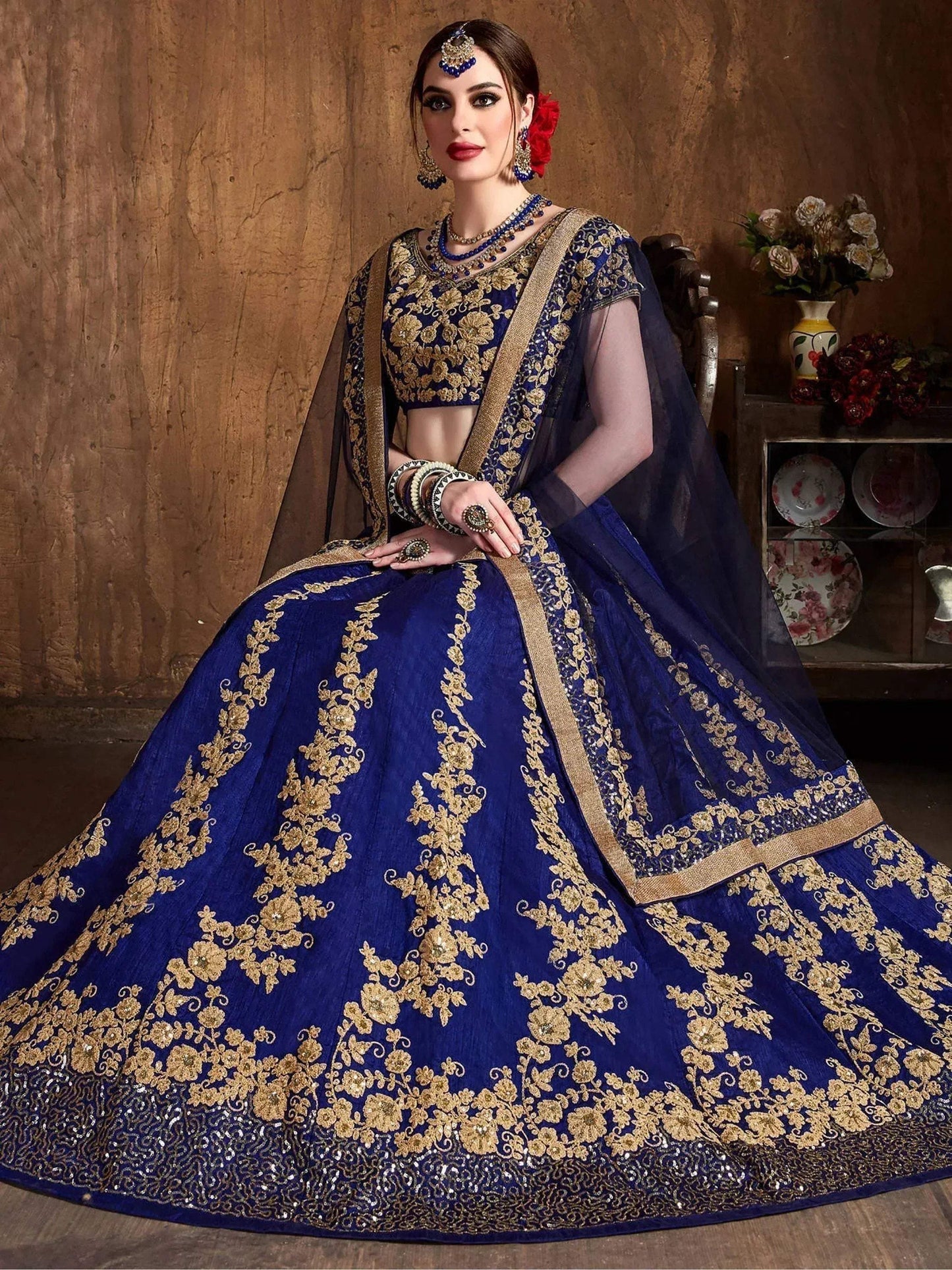Tulsi Art Navy Blue Embroidery Raw Silk Wedding Lehenga Choli With Dupatta