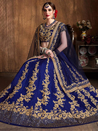 Tulsi Art Navy Blue Embroidery Raw Silk Wedding Lehenga Choli With Dupatta