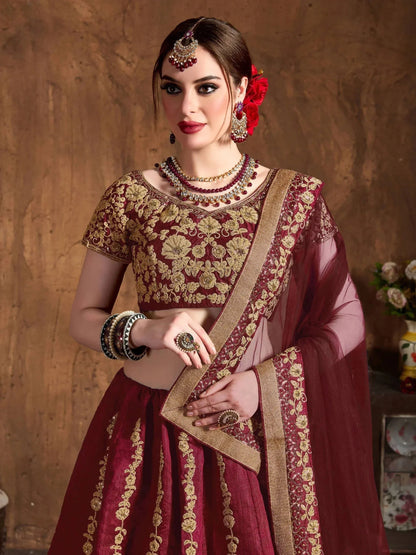 Tulsi Art Maroon Embroidery Raw Silk Wedding Lehenga Choli With Dupatta
