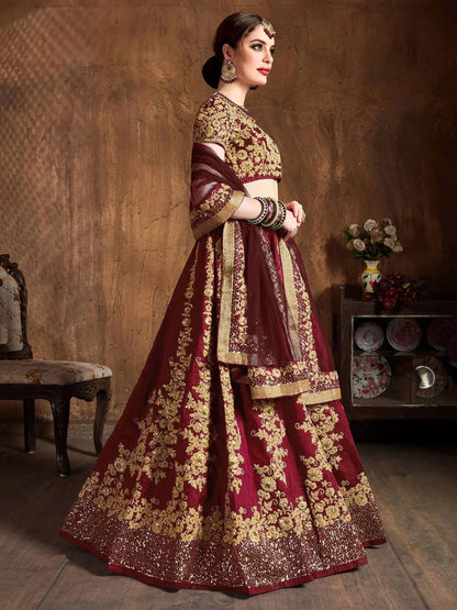 Tulsi Art Maroon Embroidery Raw Silk Wedding Lehenga Choli With Dupatta