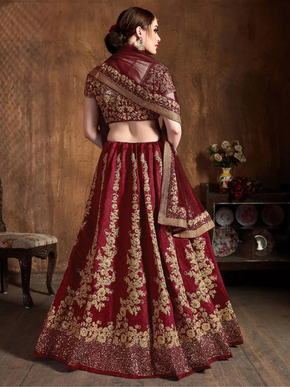 Tulsi Art Maroon Embroidery Raw Silk Wedding Lehenga Choli With Dupatta
