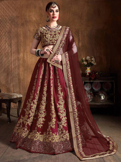 Tulsi Art Maroon Embroidery Raw Silk Wedding Lehenga Choli With Dupatta
