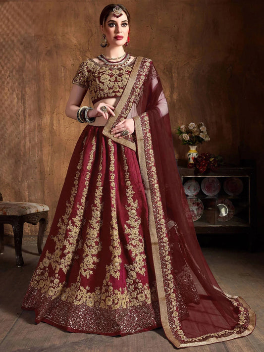 Tulsi Art Maroon Embroidery Raw Silk Wedding Lehenga Choli With Dupatta