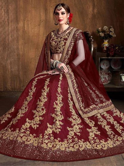 Tulsi Art Maroon Embroidery Raw Silk Wedding Lehenga Choli With Dupatta