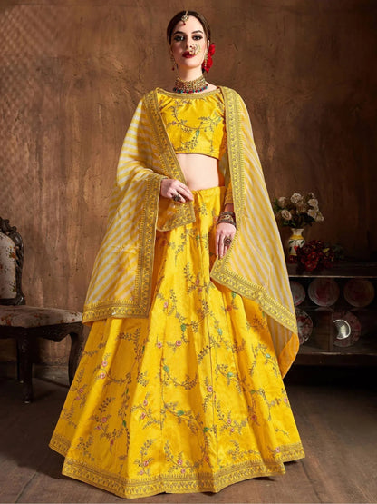 Tulsi Art Yellow Embroidery Mulberry Silk Bridal Lehenga Choli With Striped Dupatta