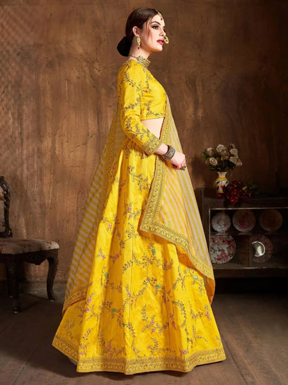 Tulsi Art Yellow Embroidery Mulberry Silk Bridal Lehenga Choli With Striped Dupatta