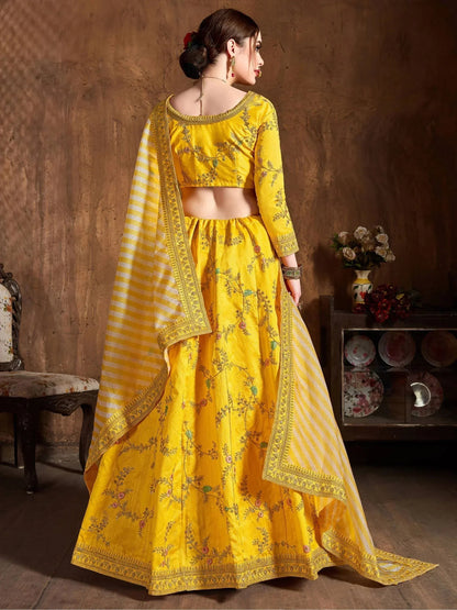 Tulsi Art Yellow Embroidery Mulberry Silk Bridal Lehenga Choli With Striped Dupatta
