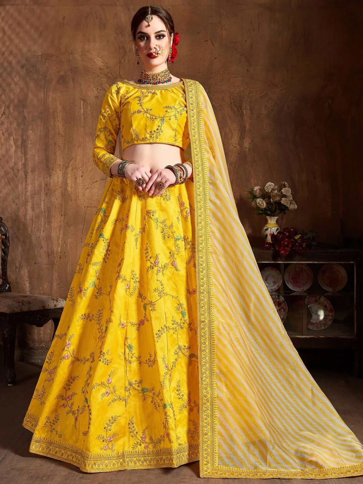 Tulsi Art Yellow Embroidery Mulberry Silk Bridal Lehenga Choli With Striped Dupatta