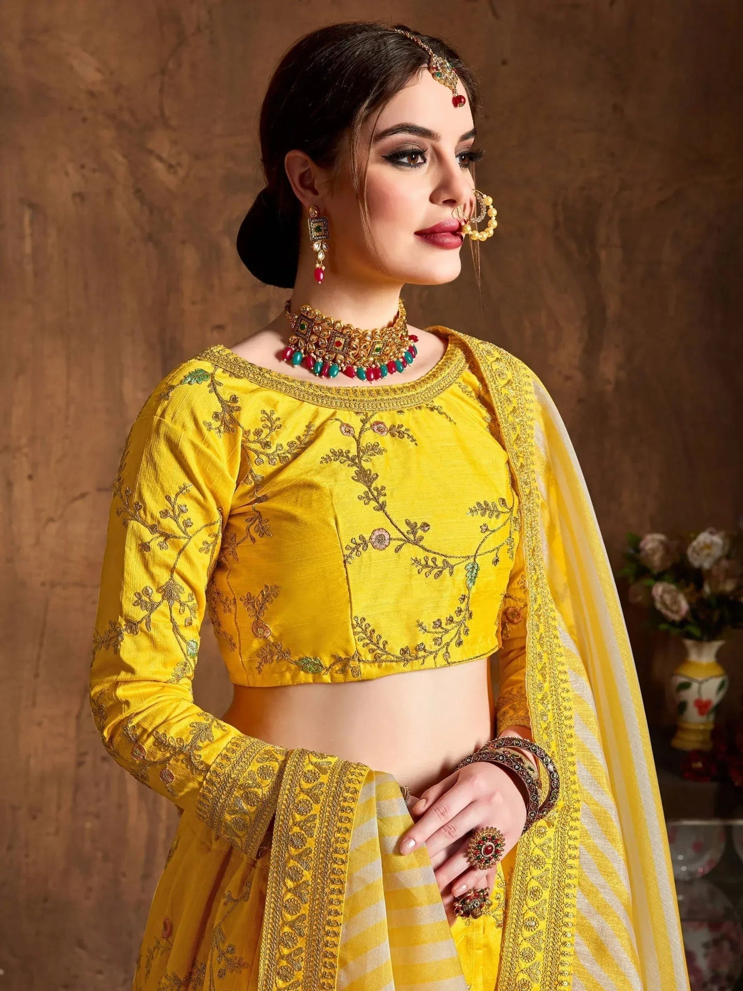 Tulsi Art Yellow Embroidery Mulberry Silk Bridal Lehenga Choli With Striped Dupatta