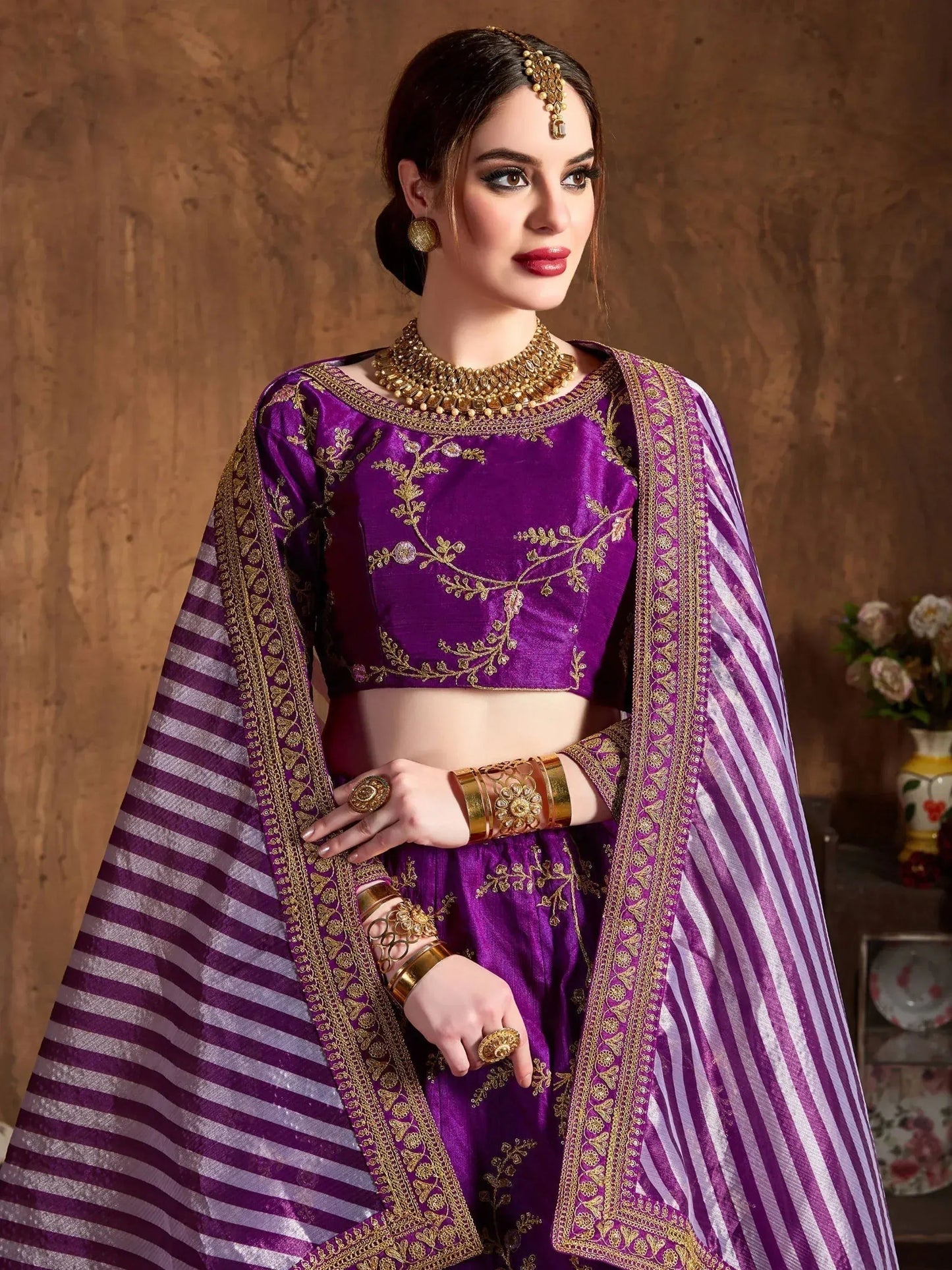 Tulsi Art Purple Embroidery Mulberry Silk Bridal Lehenga Choli With Striped Dupatta