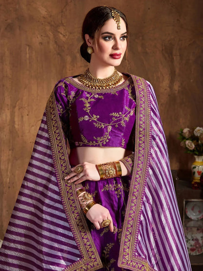 Tulsi Art Purple Embroidery Mulberry Silk Bridal Lehenga Choli With Striped Dupatta