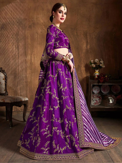 Tulsi Art Purple Embroidery Mulberry Silk Bridal Lehenga Choli With Striped Dupatta