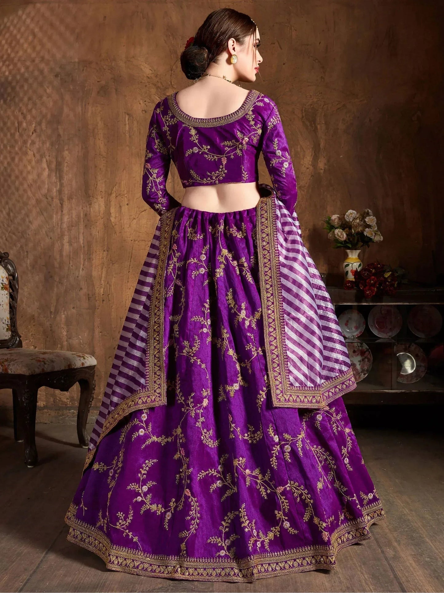 Tulsi Art Purple Embroidery Mulberry Silk Bridal Lehenga Choli With Striped Dupatta