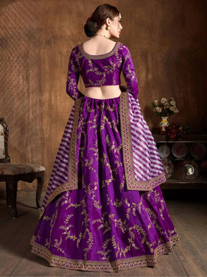 Tulsi Art Purple Embroidery Mulberry Silk Bridal Lehenga Choli With Striped Dupatta