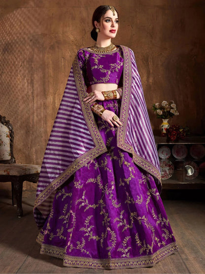 Tulsi Art Purple Embroidery Mulberry Silk Bridal Lehenga Choli With Striped Dupatta