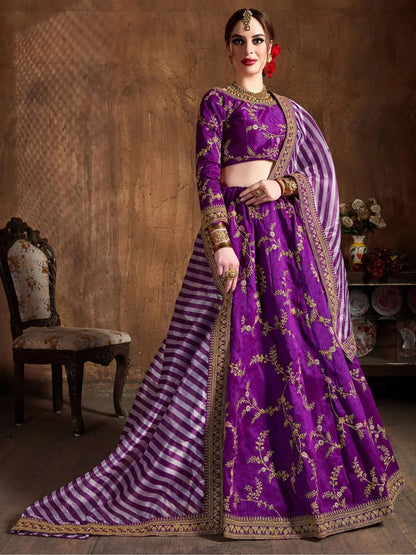 Tulsi Art Purple Embroidery Mulberry Silk Bridal Lehenga Choli With Striped Dupatta