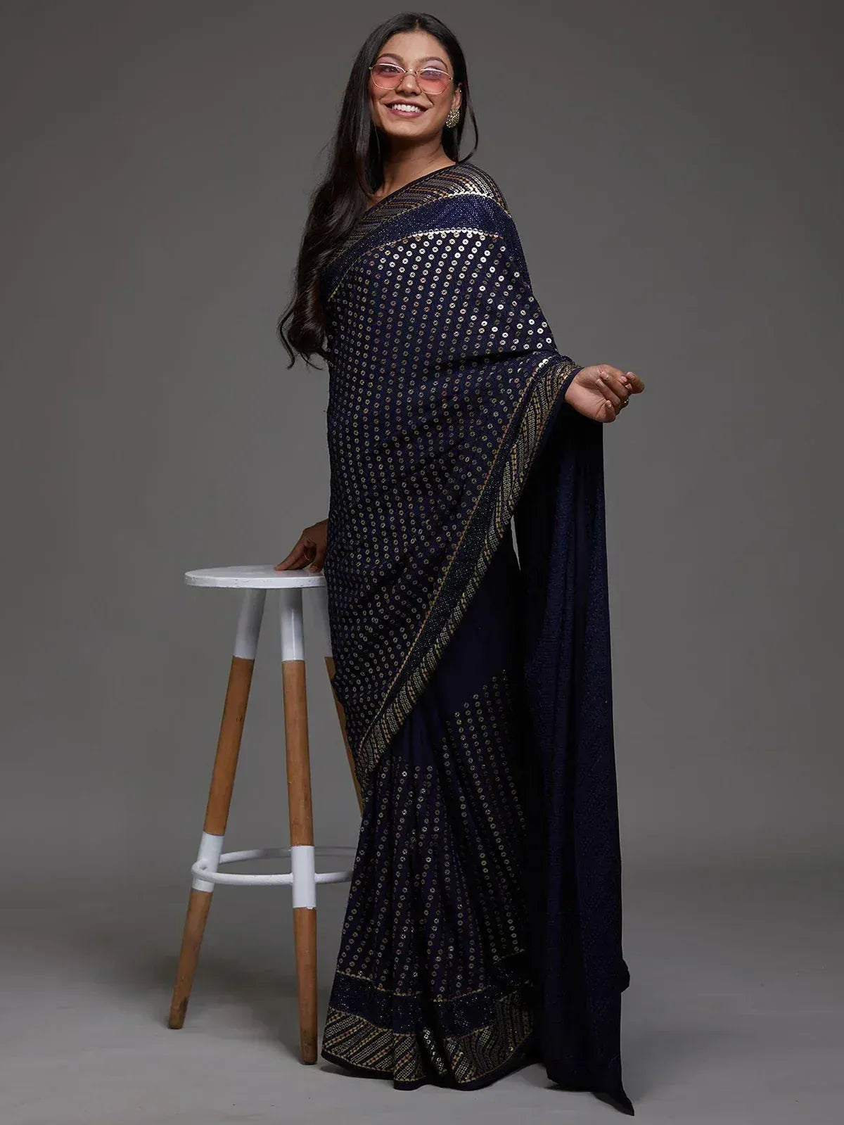 Tulsi Art Adorable Navy Blue Sequins Georgette Party Wear Saree With Blouse