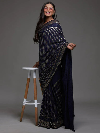 Tulsi Art Adorable Navy Blue Sequins Georgette Party Wear Saree With Blouse