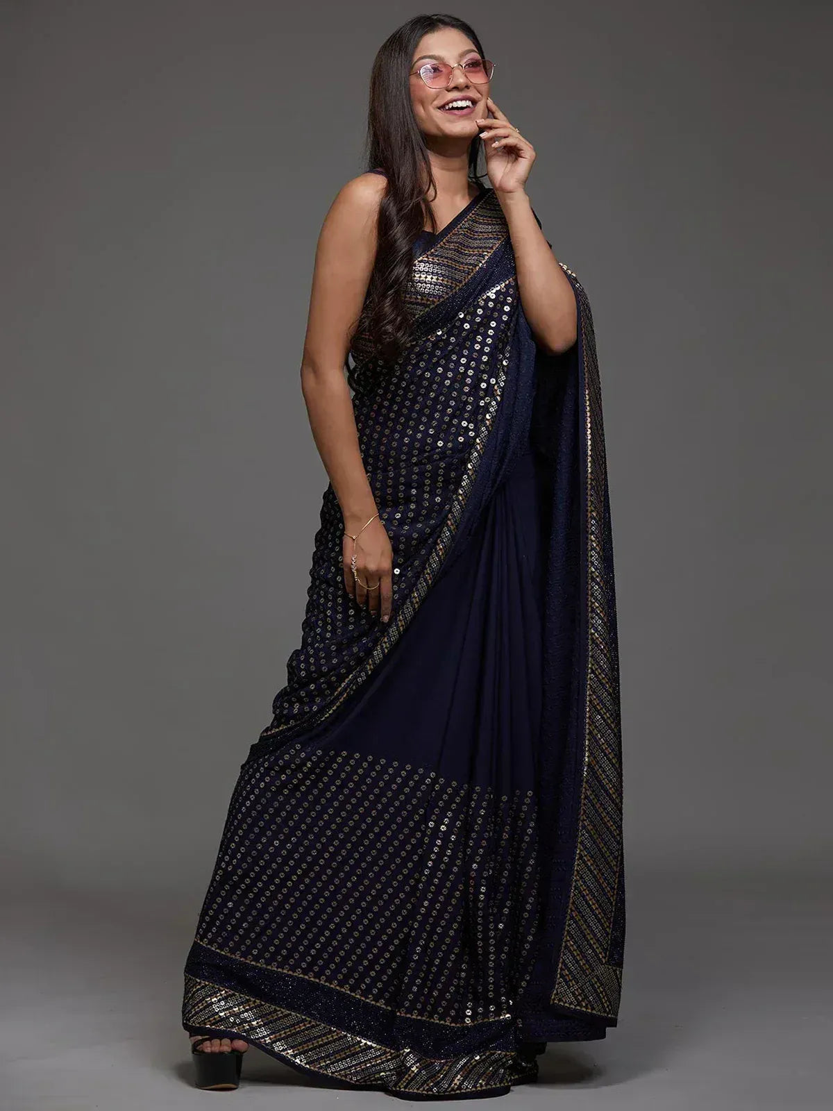 Tulsi Art Adorable Navy Blue Sequins Georgette Party Wear Saree With Blouse