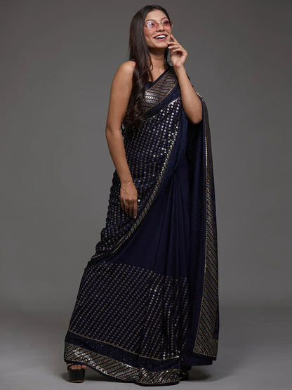 Tulsi Art Adorable Navy Blue Sequins Georgette Party Wear Saree With Blouse