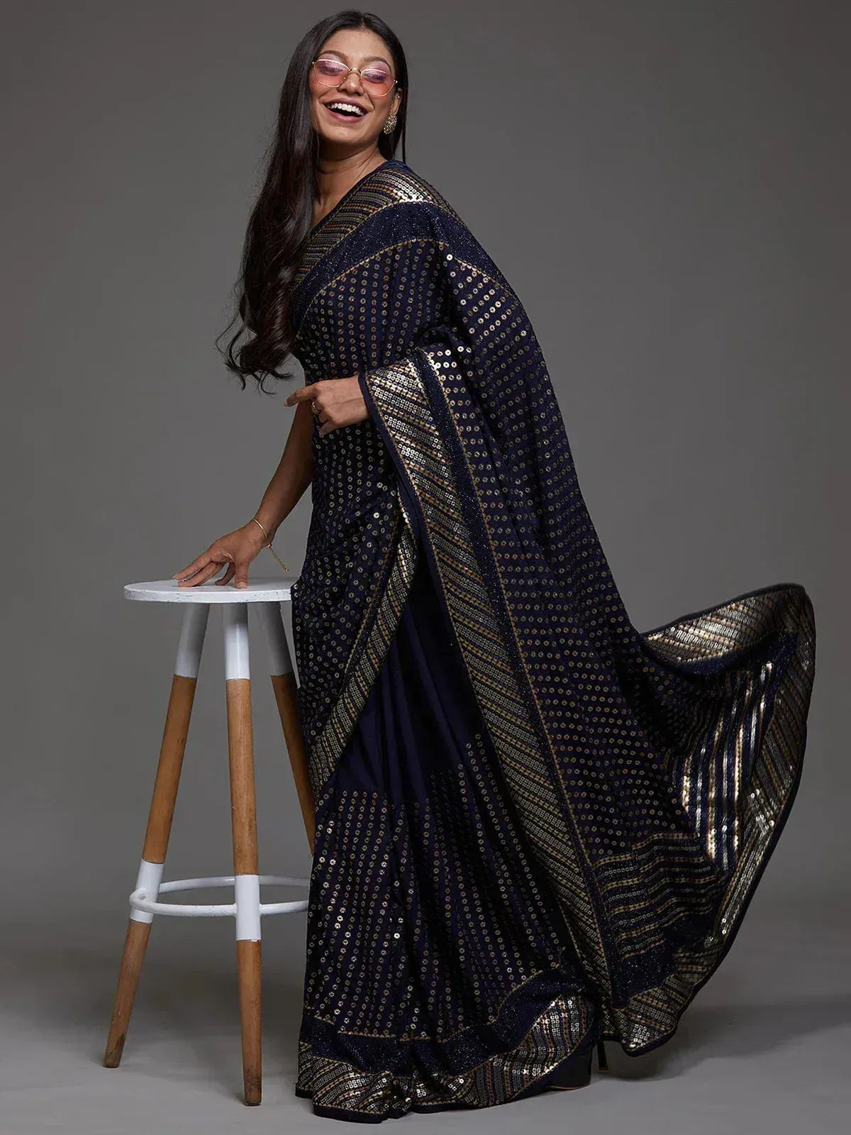 Tulsi Art Adorable Navy Blue Sequins Georgette Party Wear Saree With Blouse