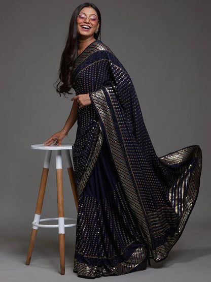 Tulsi Art Adorable Navy Blue Sequins Georgette Party Wear Saree With Blouse