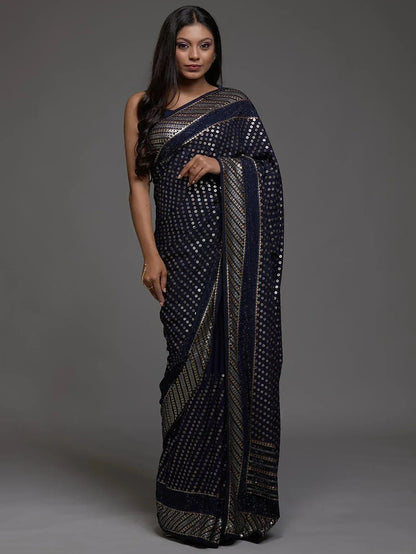 Tulsi Art Adorable Navy Blue Sequins Georgette Party Wear Saree With Blouse