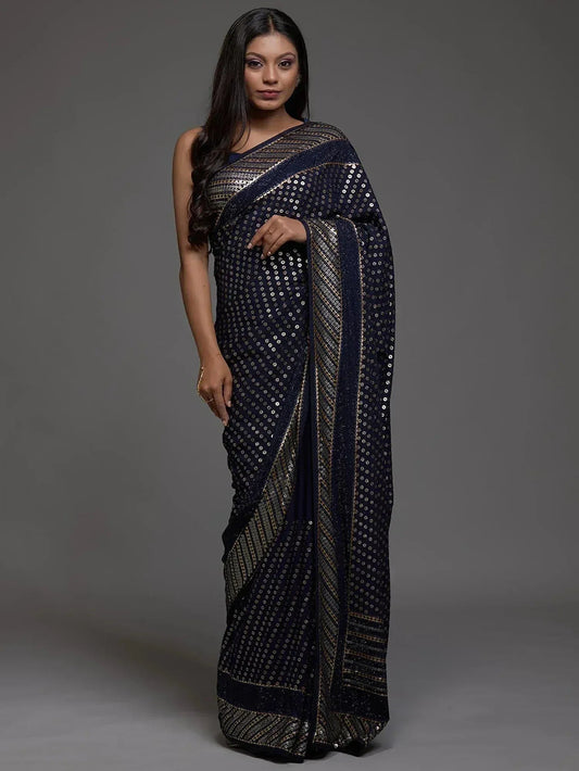 Tulsi Art Adorable Navy Blue Sequins Georgette Party Wear Saree With Blouse
