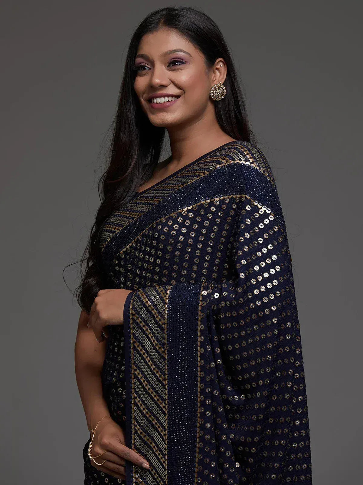 Tulsi Art Adorable Navy Blue Sequins Georgette Party Wear Saree With Blouse