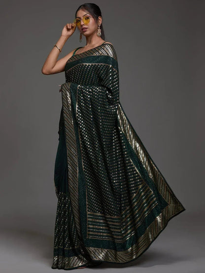Tulsi Art Charming Green Sequins Georgette Reception Wear Saree With Blouse