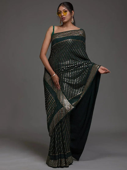 Tulsi Art Charming Green Sequins Georgette Reception Wear Saree With Blouse