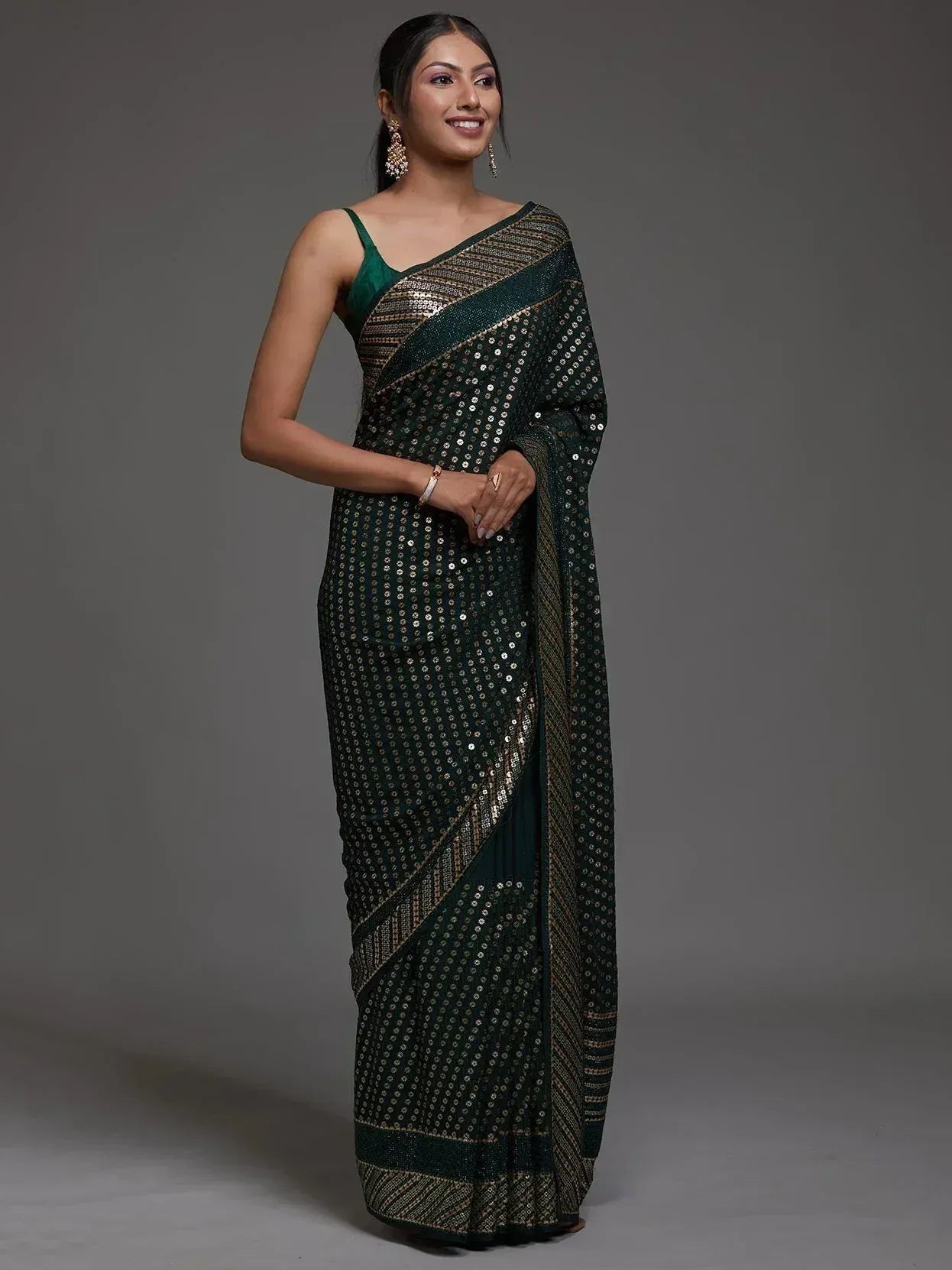 Tulsi Art Charming Green Sequins Georgette Reception Wear Saree With Blouse
