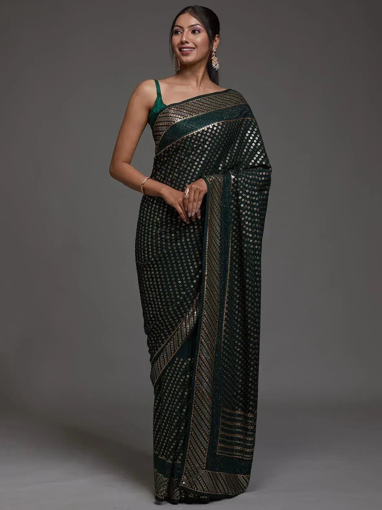 Tulsi Art Charming Green Sequins Georgette Reception Wear Saree With Blouse