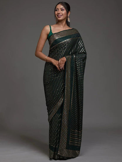 Tulsi Art Charming Green Sequins Georgette Reception Wear Saree With Blouse
