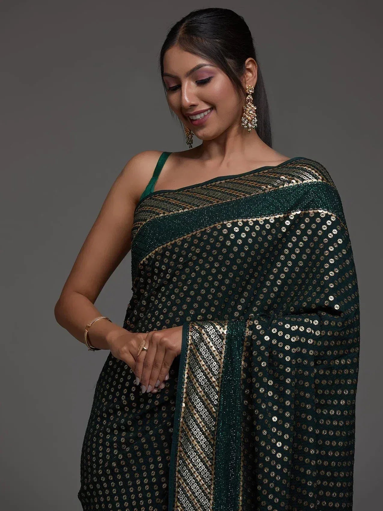 Tulsi Art Charming Green Sequins Georgette Reception Wear Saree With Blouse