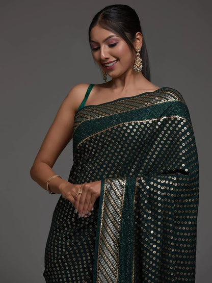 Tulsi Art Charming Green Sequins Georgette Reception Wear Saree With Blouse