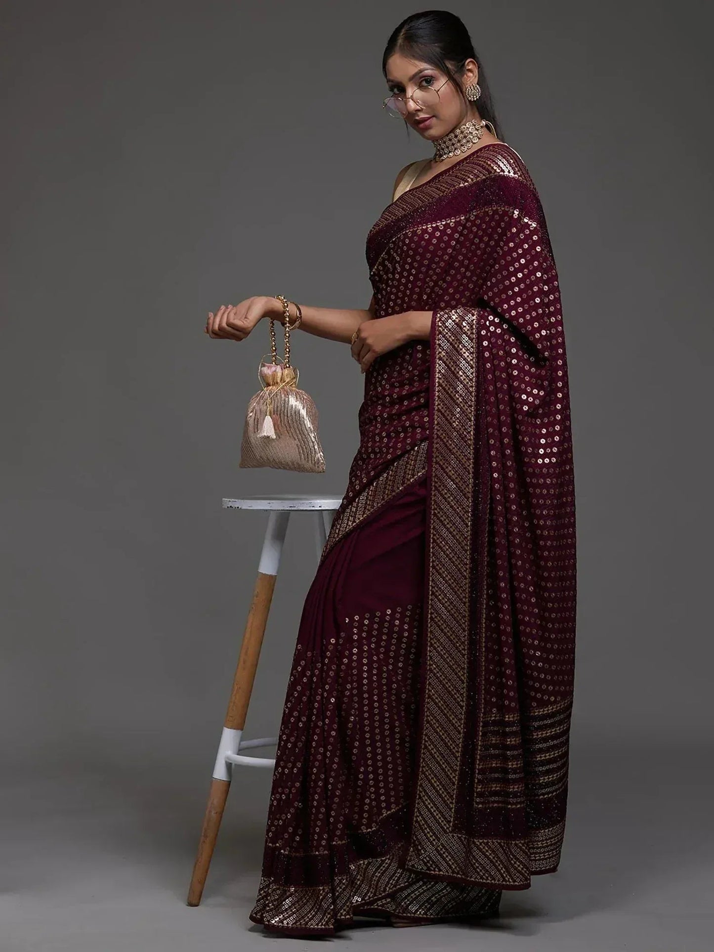 Tulsi Art Precious Maroon Sequins Georgette Cocktail Party Wear Saree
