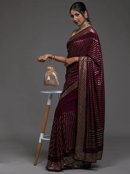 Tulsi Art Precious Maroon Sequins Georgette Cocktail Party Wear Saree