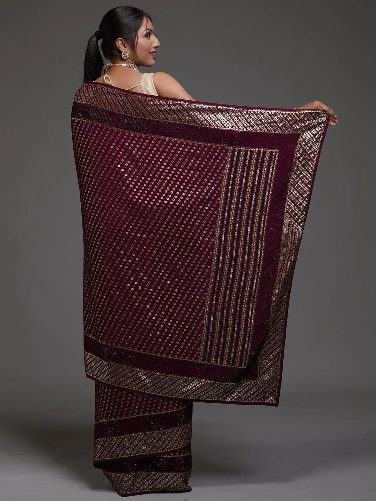 Tulsi Art Precious Maroon Sequins Georgette Cocktail Party Wear Saree