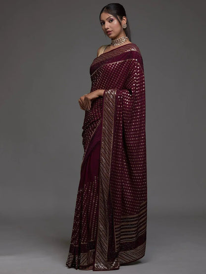 Tulsi Art Precious Maroon Sequins Georgette Cocktail Party Wear Saree