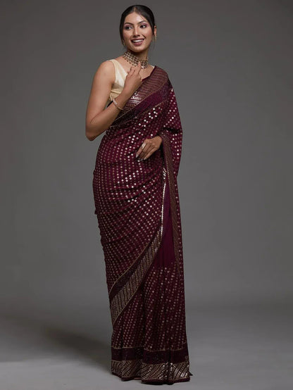 Tulsi Art Precious Maroon Sequins Georgette Cocktail Party Wear Saree