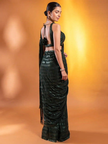 Tulsi Art Gorgeous Green Sequins Georgette Party Wear Saree With Blouse