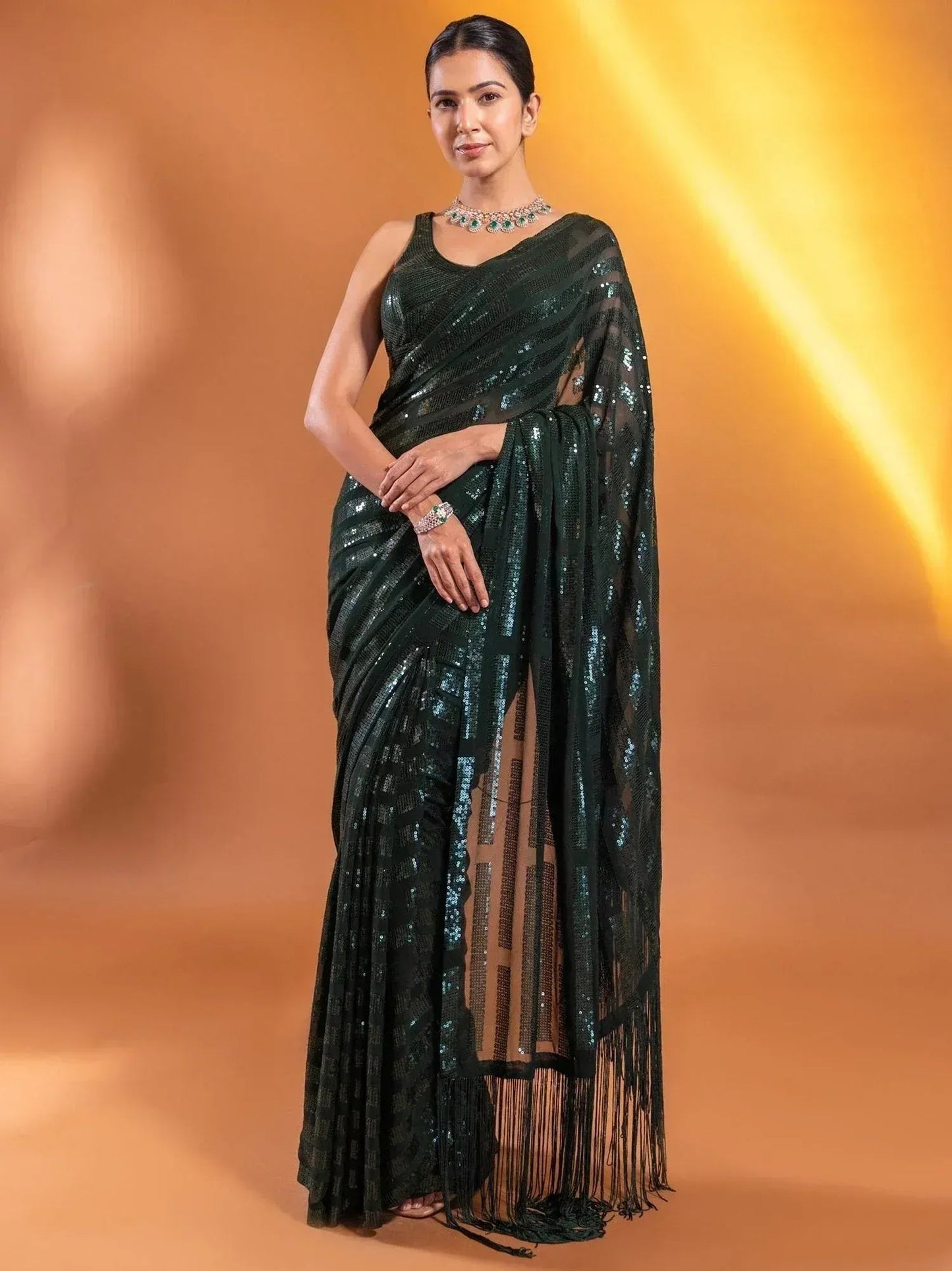 Tulsi Art Gorgeous Green Sequins Georgette Party Wear Saree With Blouse