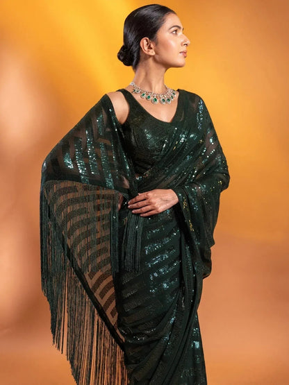 Tulsi Art Gorgeous Green Sequins Georgette Party Wear Saree With Blouse