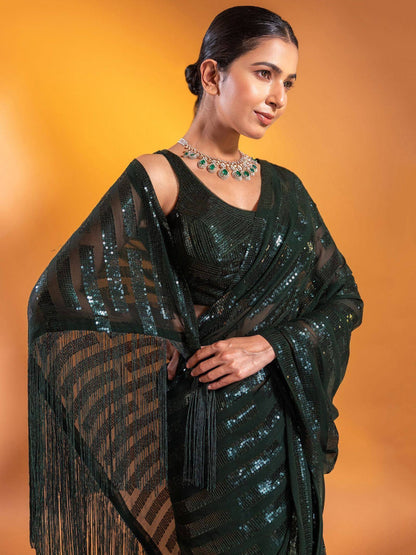 Tulsi Art Gorgeous Green Sequins Georgette Party Wear Saree With Blouse