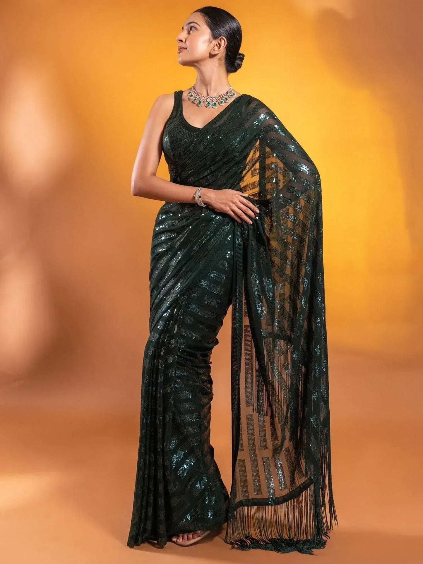 Tulsi Art Gorgeous Green Sequins Georgette Party Wear Saree With Blouse