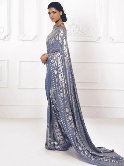 Tulsi Art Glamorous Grey Sequins Georgette Cocktail Party Wear Saree