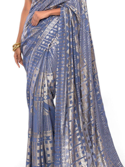Tulsi Art Glamorous Grey Sequins Georgette Cocktail Party Wear Saree